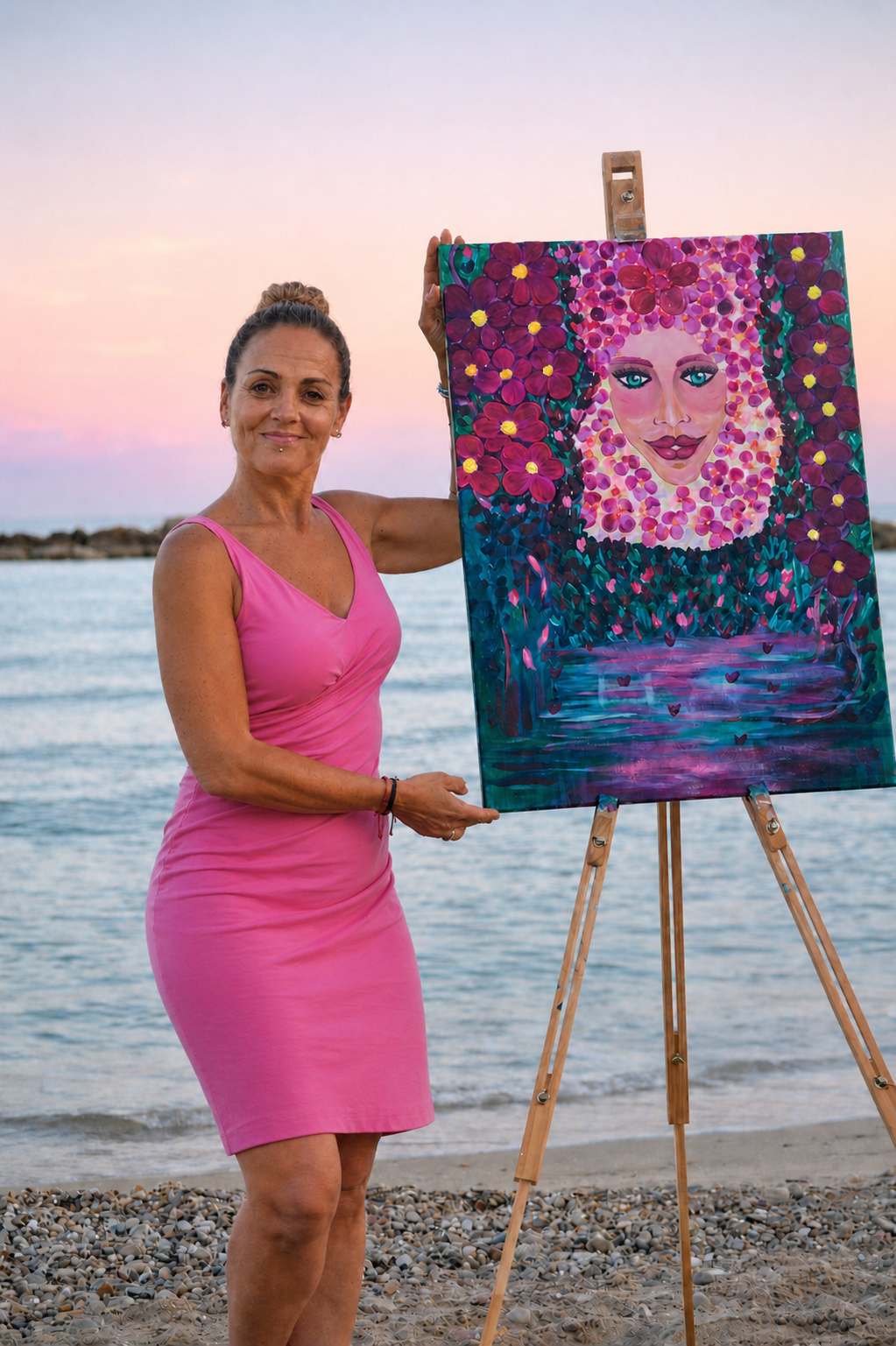 Alicia mostrando una obra frente al mar