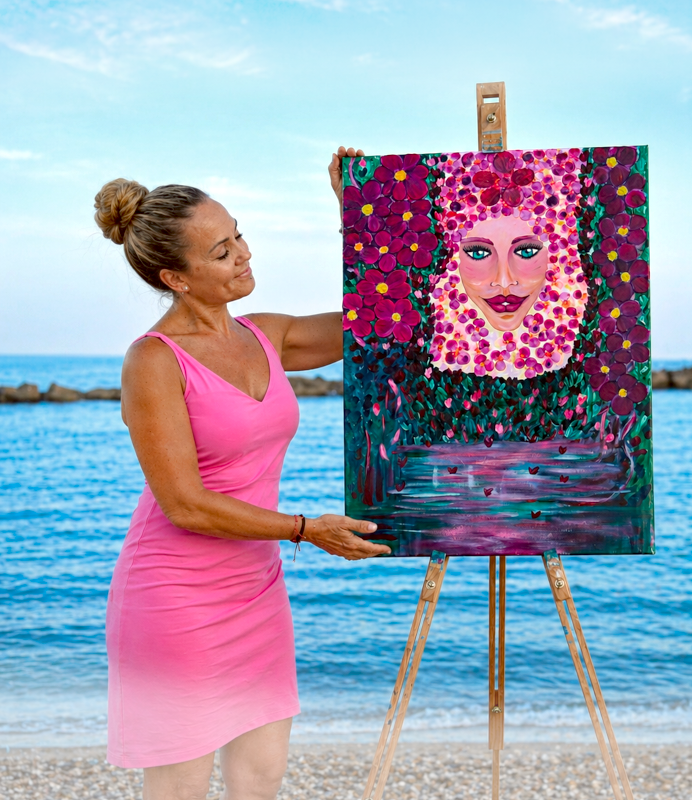 Alicia pintando frente al mar