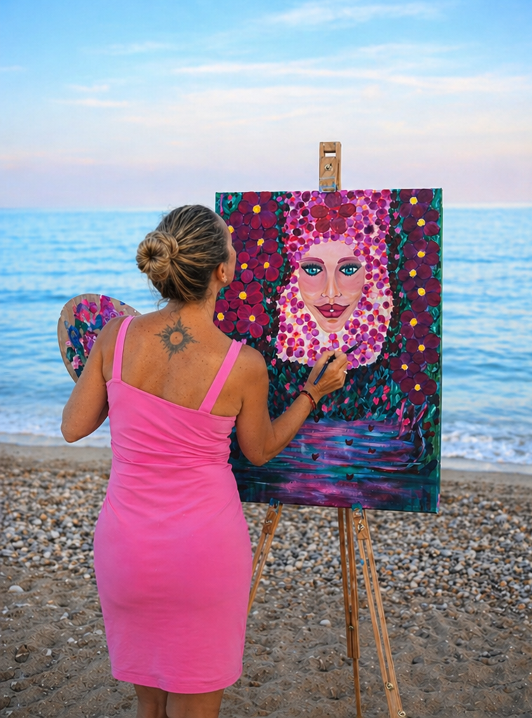 Alicia pintando una obra frente al mar