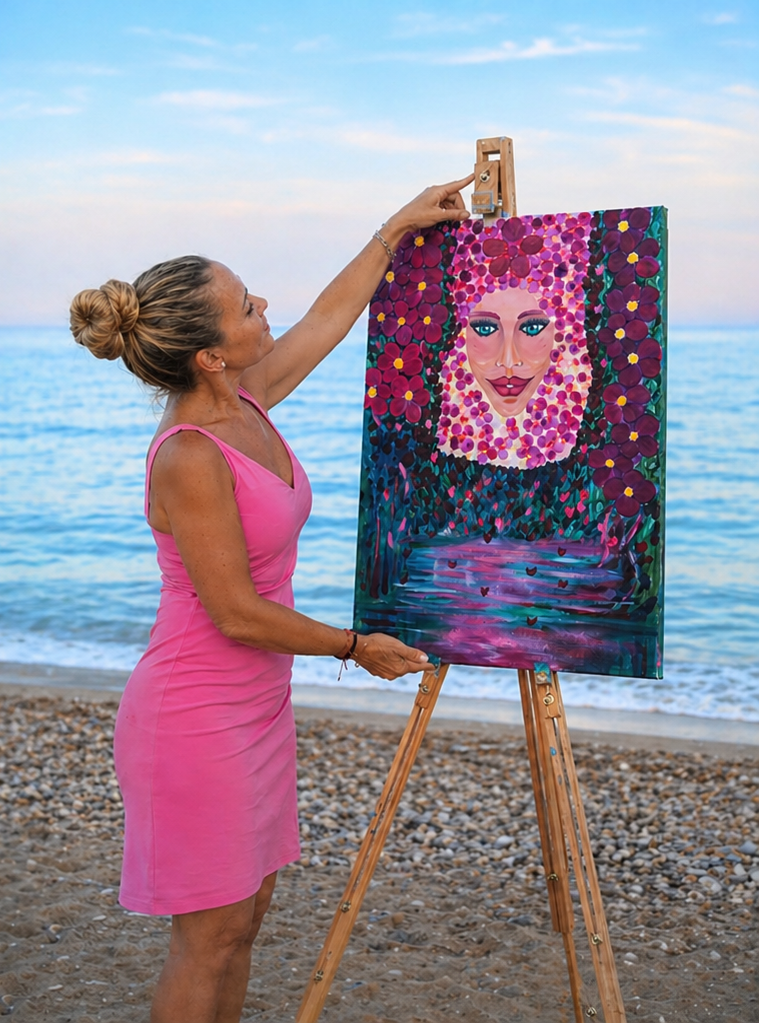 Alicia pintando frente al mar